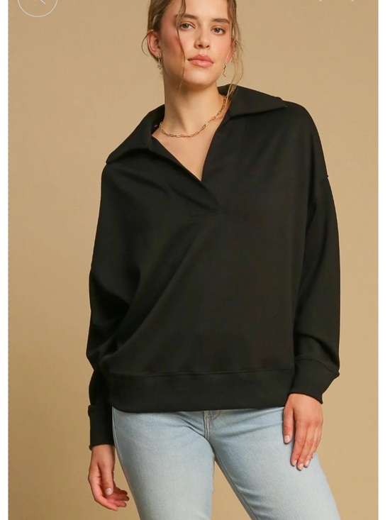 Umgee Tops - Umgee Johnny Collar Dropped Shoulder Sweatshirt Black Size Large